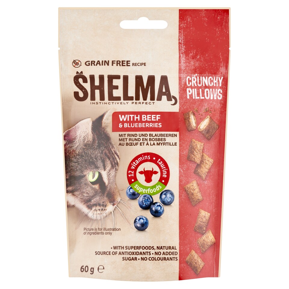 Shelma macska jutalomfalat párnák marhával, áfonyával, gabonamentes kiegészítő macskaeledel 60 g 1. kép