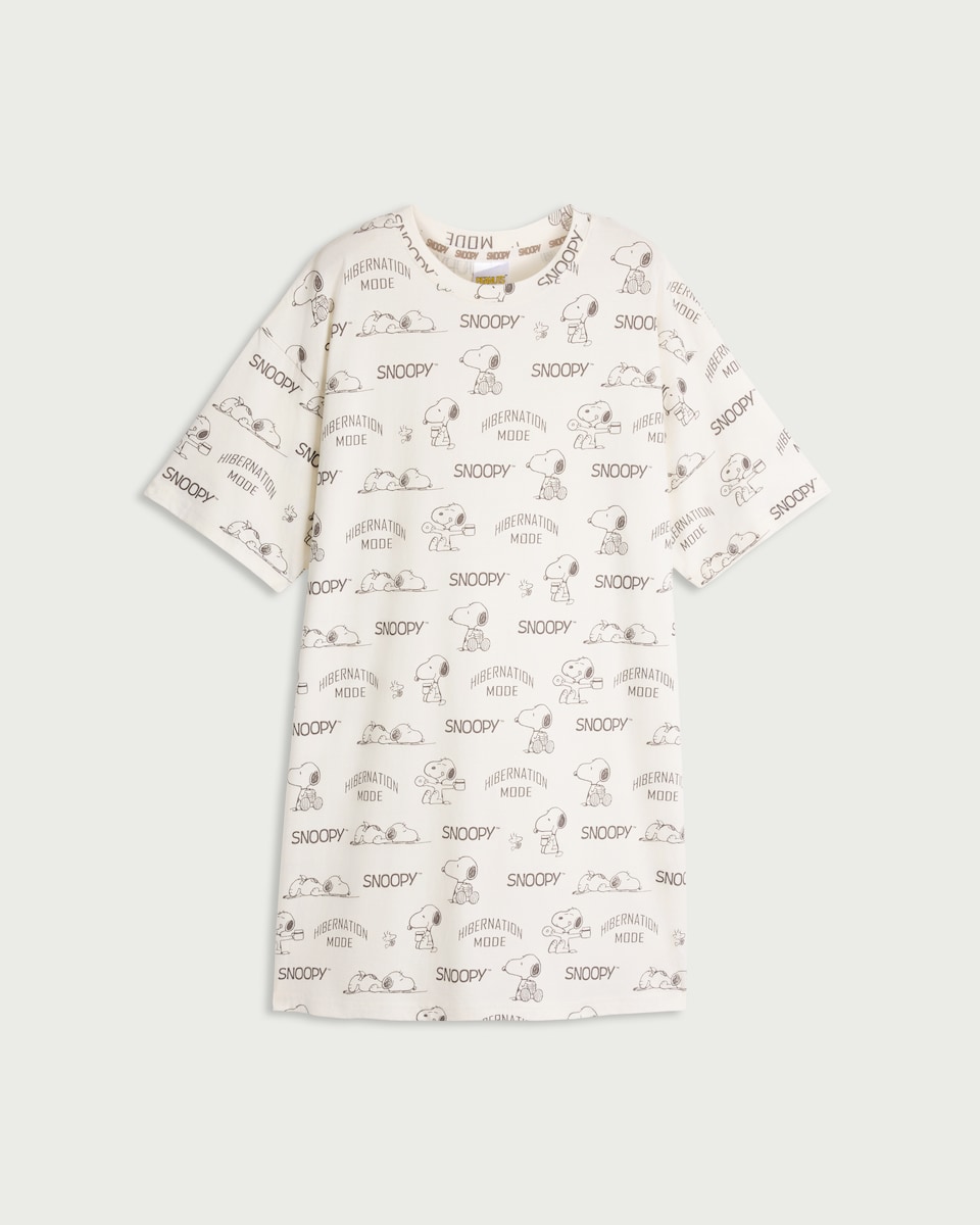 image 1 of Snoopy Pure Cotton Printed Pyjama Nightdress in Cream