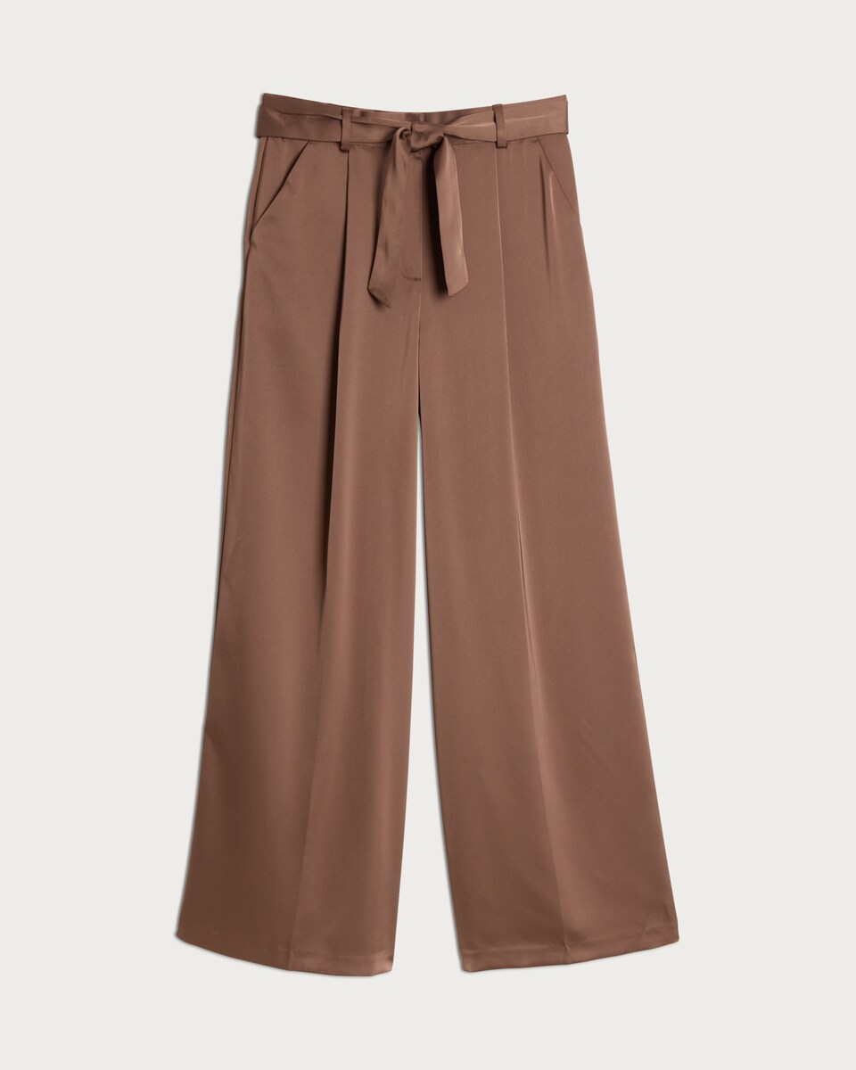 image 1 of F&F Satin Wide Leg Tie Waist Trousers in Brown