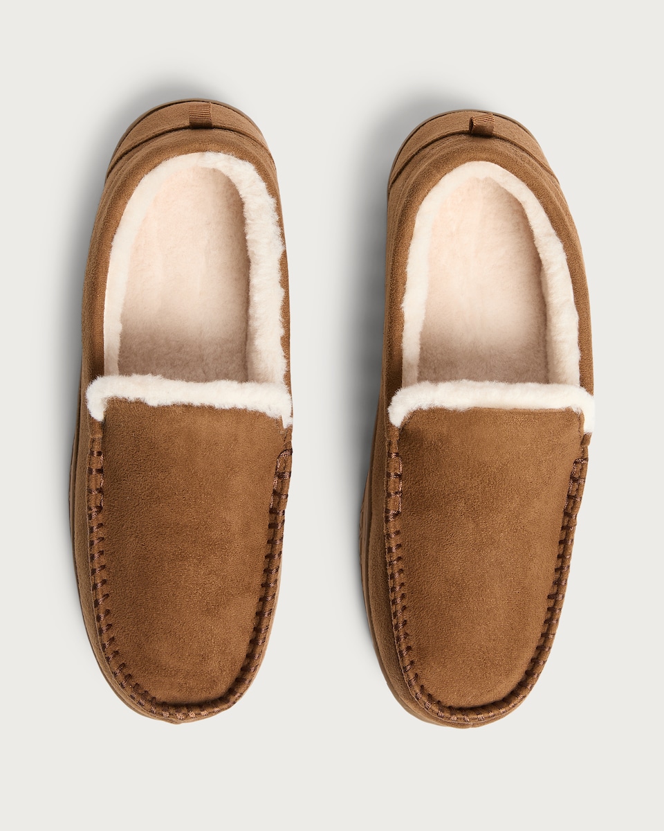image 1 of F&F Faux Suede Fur Lined Moccasin Slippers in Tan