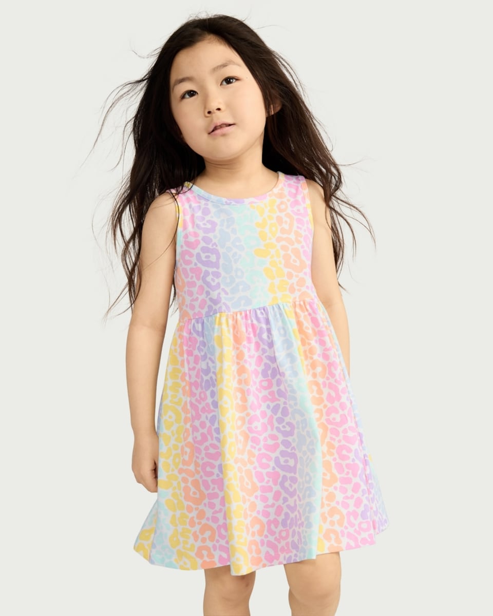 image 1 of F&F Girls Pure Cotton Animal Print Sleeveless Dress in Multi White