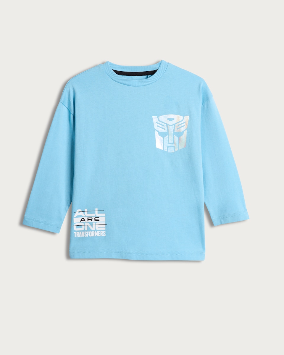 image 1 of Transformers Pure Cotton All Are One Slogan Long Sleeved Top in Blue