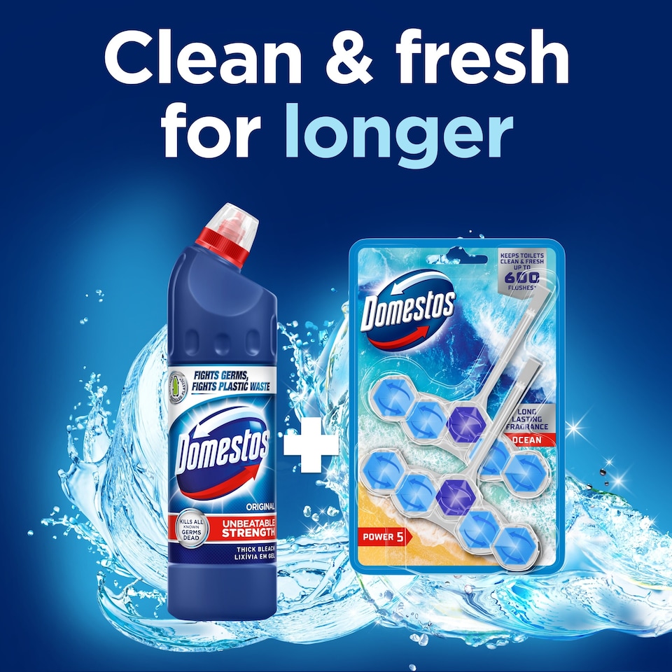 image 1 of Domestos Power 5 Toilet Rim Block Freshener Ocean 2x 50g