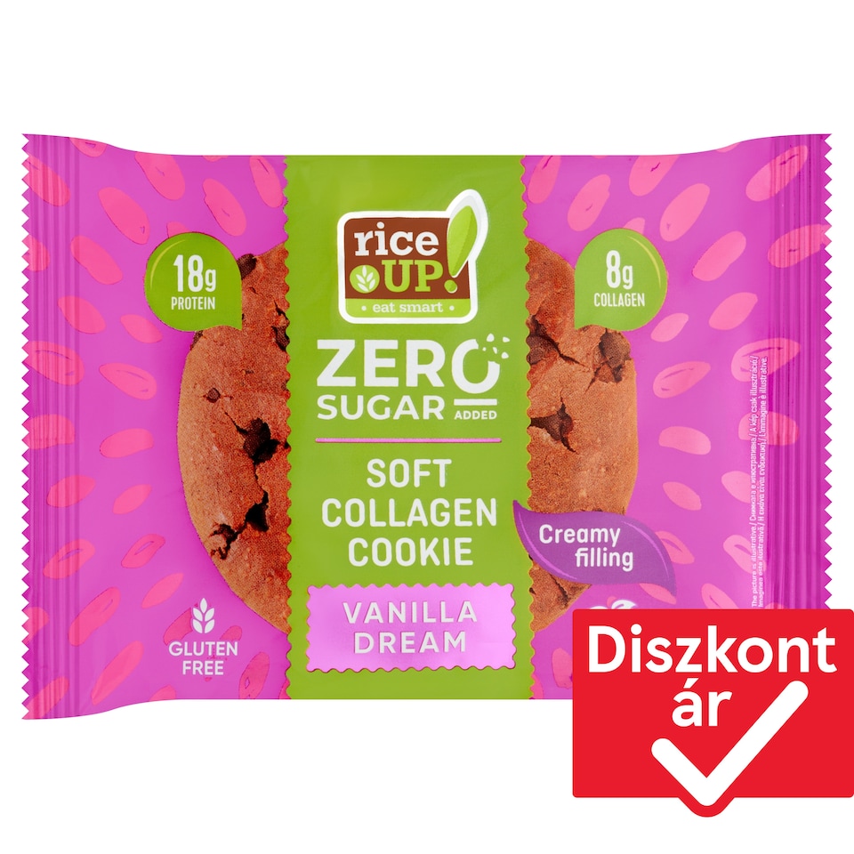 RiceUp! Zero kollagénes fehérje keksz vanília ízű töltelékkel hozzáadott cukor nélkül 60 g   1. kép