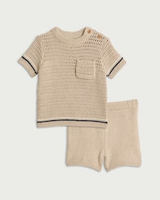 F&F Baby 2-Piece Pure Cotton Crochet Top and Shorts Set in Stone