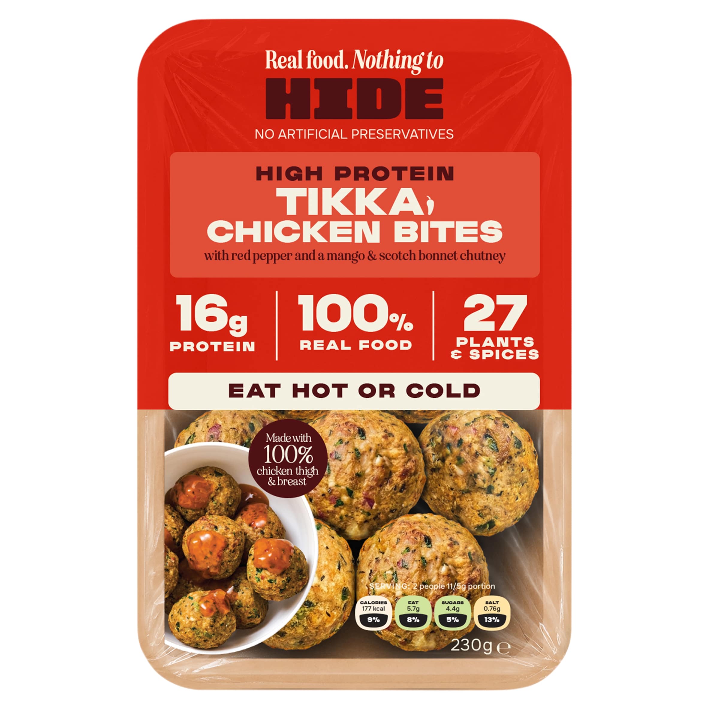 HIDE High Protein Tikka Chicken Bites with Red Pepper and Scotch Bonnet & Mango Chutney 230g