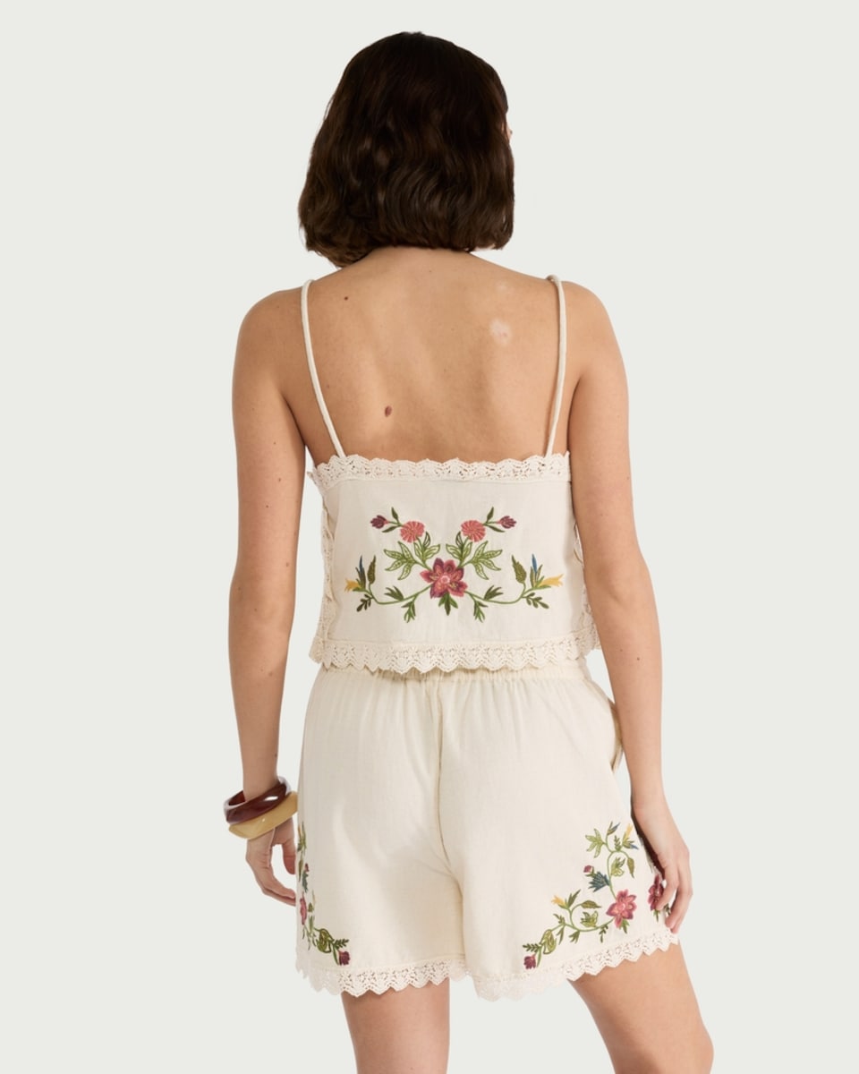 image 1 of F&F Cotton Rich Embroidered Trim Co-ord Cami in Cream