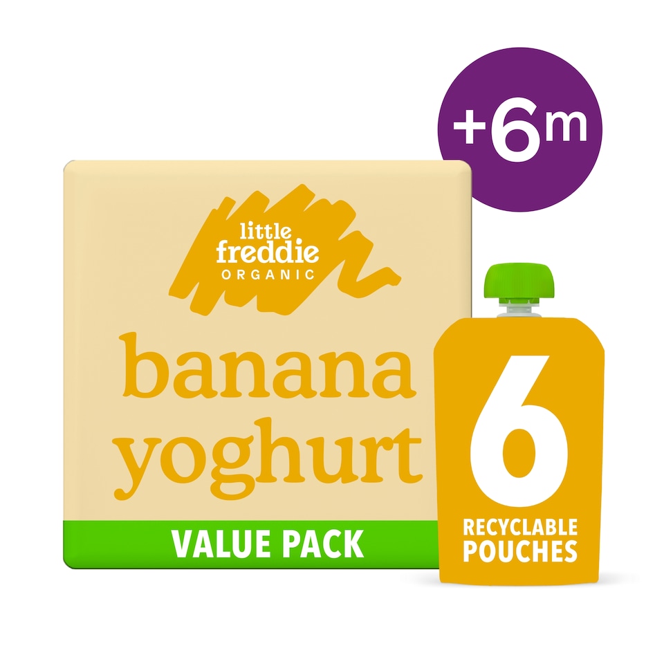 image 1 of Little Freddie Organic Banana Greek Style Yoghurt Baby Food Pouch Multipack 6+ Months 6 x 100g
