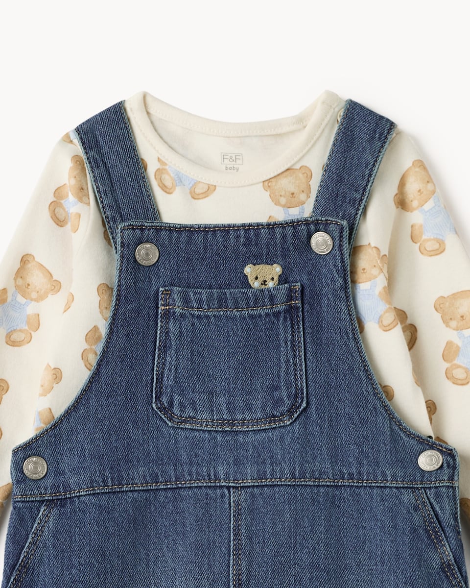 image 1 of F&F Baby 2-Piece Pure Cotton Bear Dungaree Set in Blue
