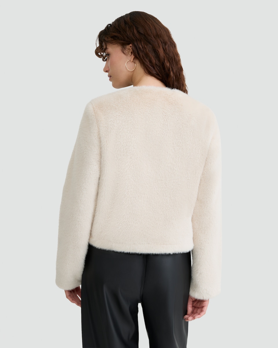 image 1 of F&F Faux Fur Cropped Buttoned Jacket in Neutral