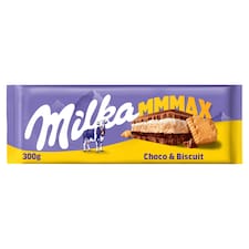 Milka Mmmax alpesi tejcsokoládé kakaós-tejes krémtöltelékkel és keksszel töltve 300 g