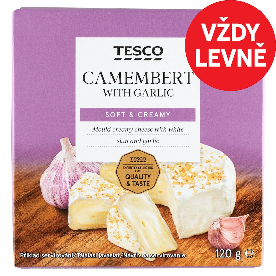Tesco Měkký zrající plnotučný sýr s bílou plísní na povrchu s česnekem 120g