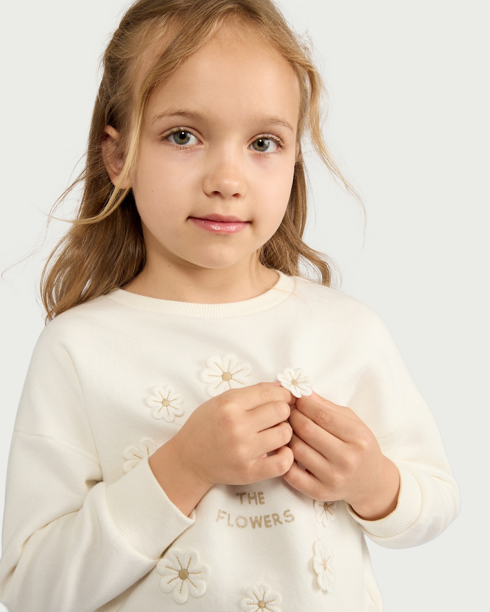 image 1 of F&F Girls Cotton Rich Floral Appliqué Sweatshirt in Cream