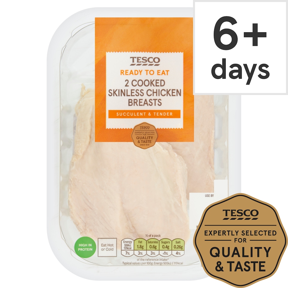 Tesco 2 Cooked Skinless Chicken Breast Fillets 220G