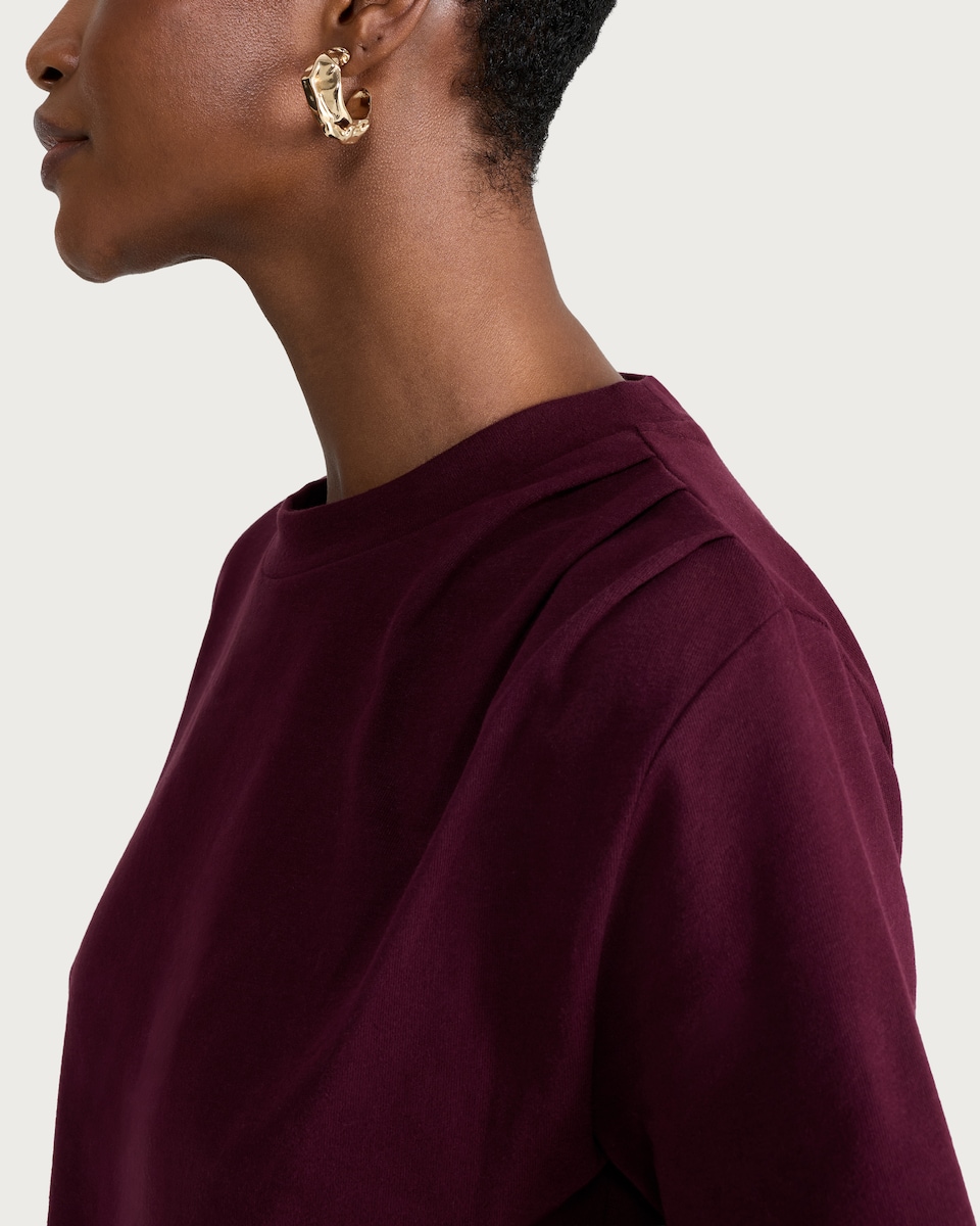 image 1 of F&F Pure Cotton Asymmetric Hem Ruched Short Sleeved Top in Burgundy