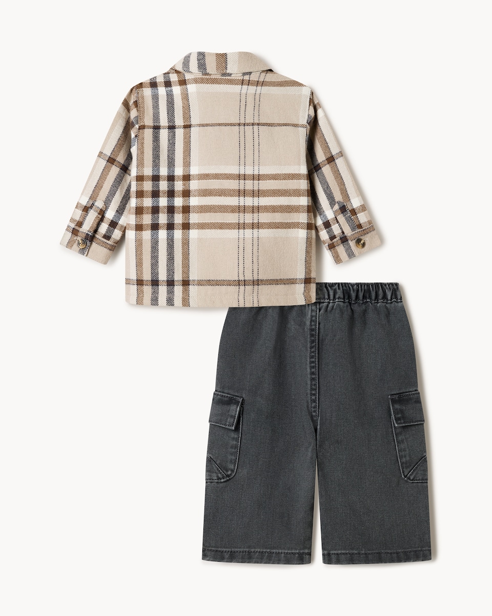 image 1 of F&F Baby Pure Cotton Check Shirt, T-Shirt and Cargo Jeans Set in Neutral