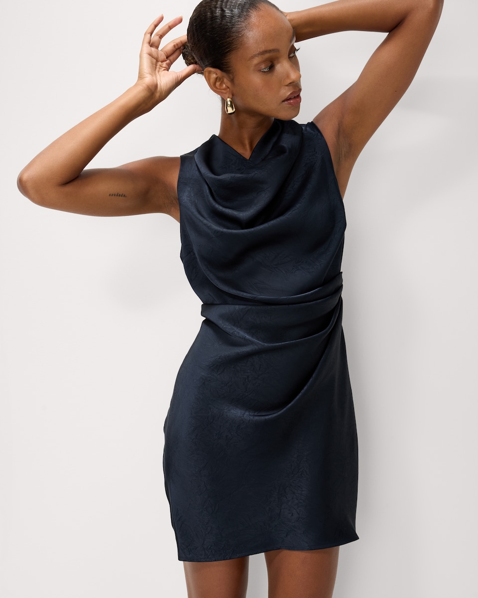 image 1 of F&F Satin Cowl Neck Mini Dress in Navy