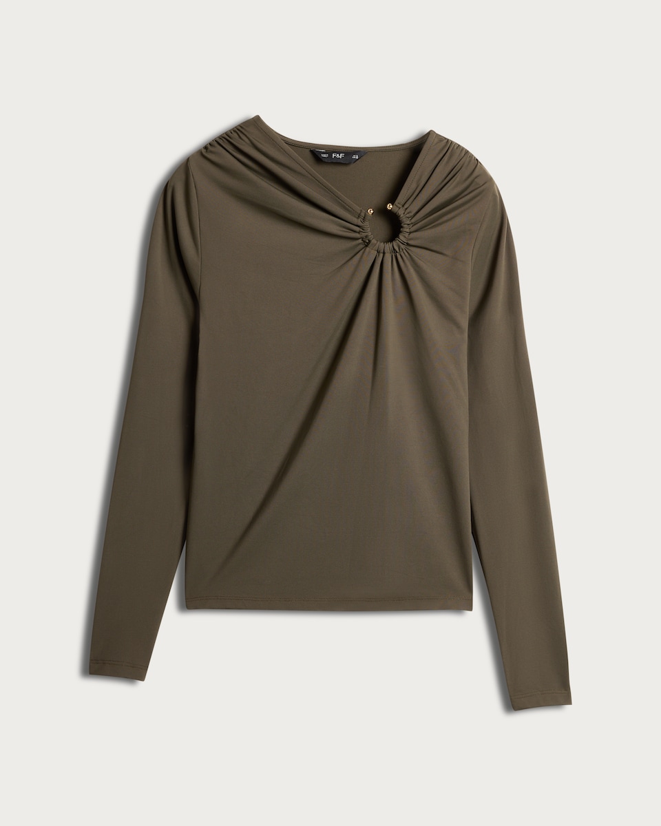 image 1 of F&F Polyamide Ring Detail Long Sleeved Top in Olive