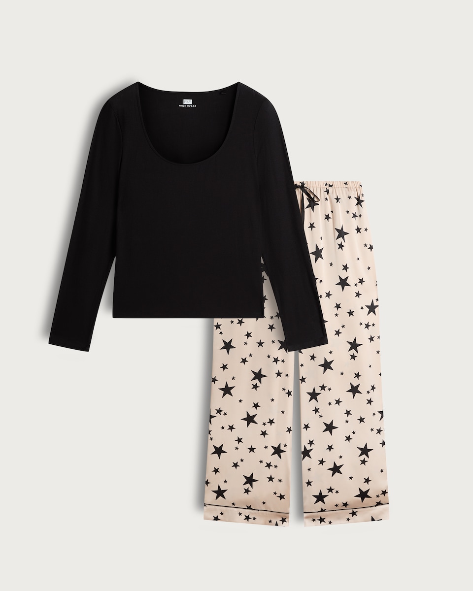 image 1 of F&F Ribbed Scoop Neck Star Print Pyjama Set in Multi Black