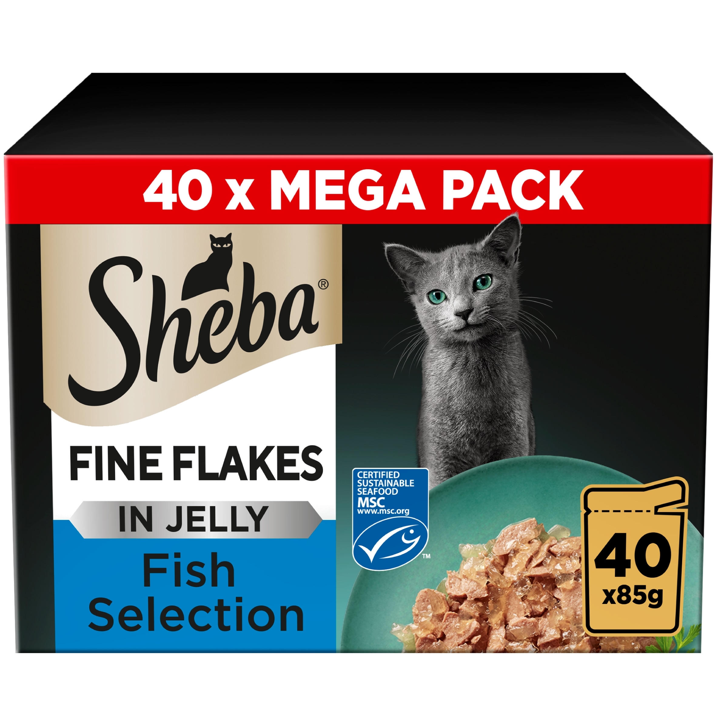 Sheba Fine Flakes Wet Cat Food Pouches Fish in Jelly 40x85g