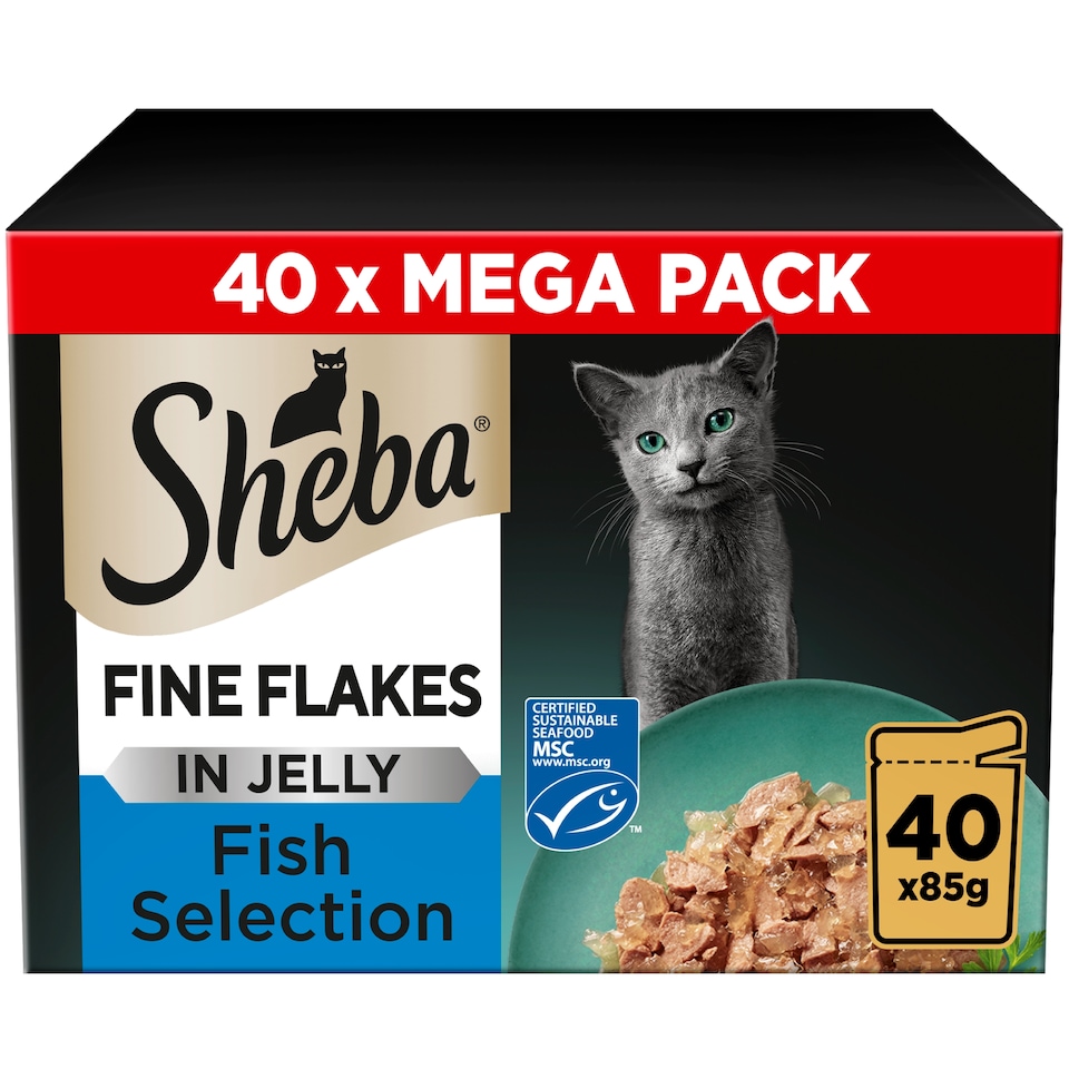 image 1 of Sheba Fine Flakes Wet Cat Food Pouches Fish in Jelly 40x85g