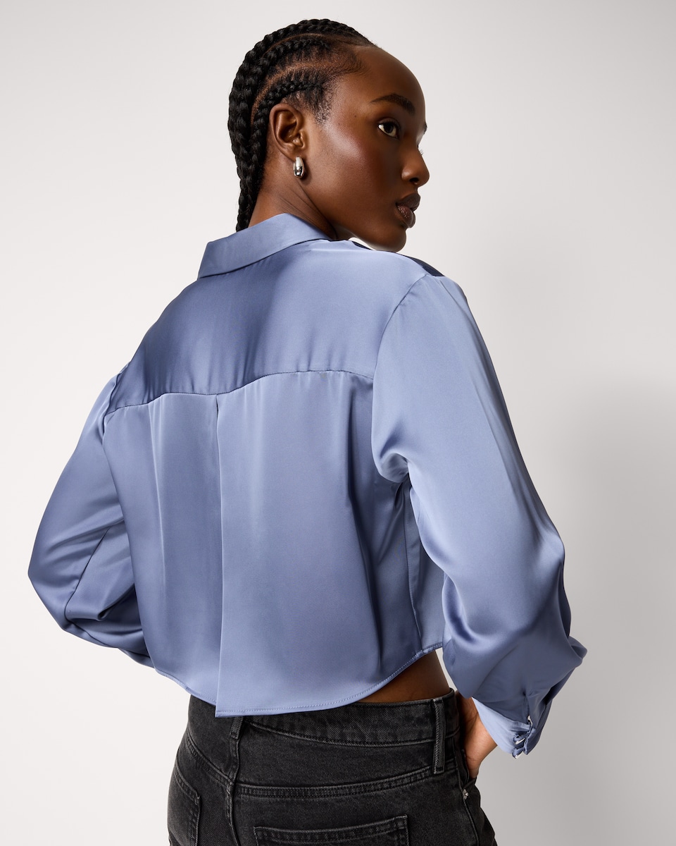 image 1 of F&F Satin Cropped Shirt in Blue