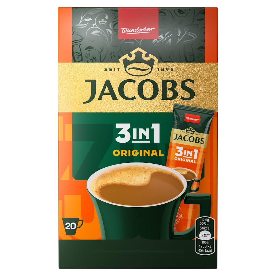 Jacobs 3in1 Original azonnal oldódó kávéitalpor kávéfehérítővel és cukorral 20 x 12,6 g (252 g)