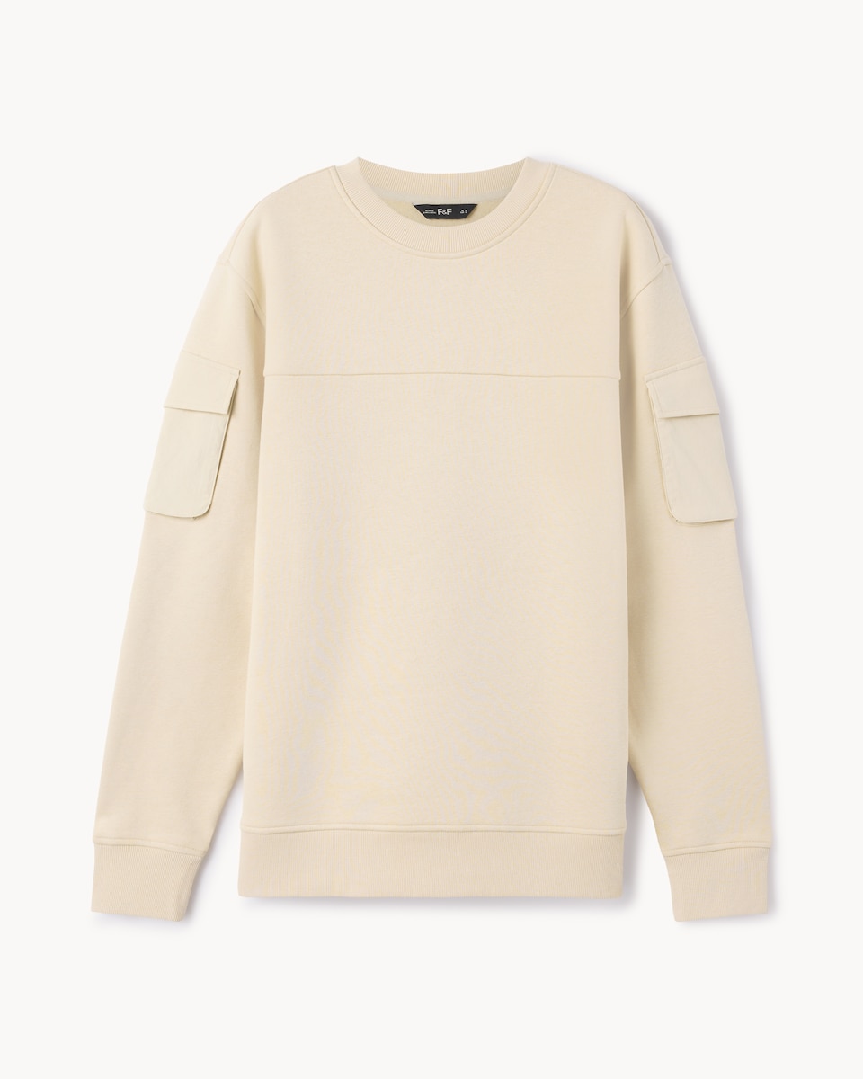 image 1 of F&F Cotton Rich Pocket Sleeve Sweatshirt in Stone