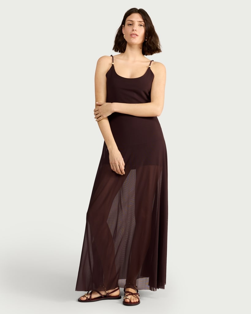 The F&F Edit Mesh Bead Detail Strappy Midi Dress in Chocolate