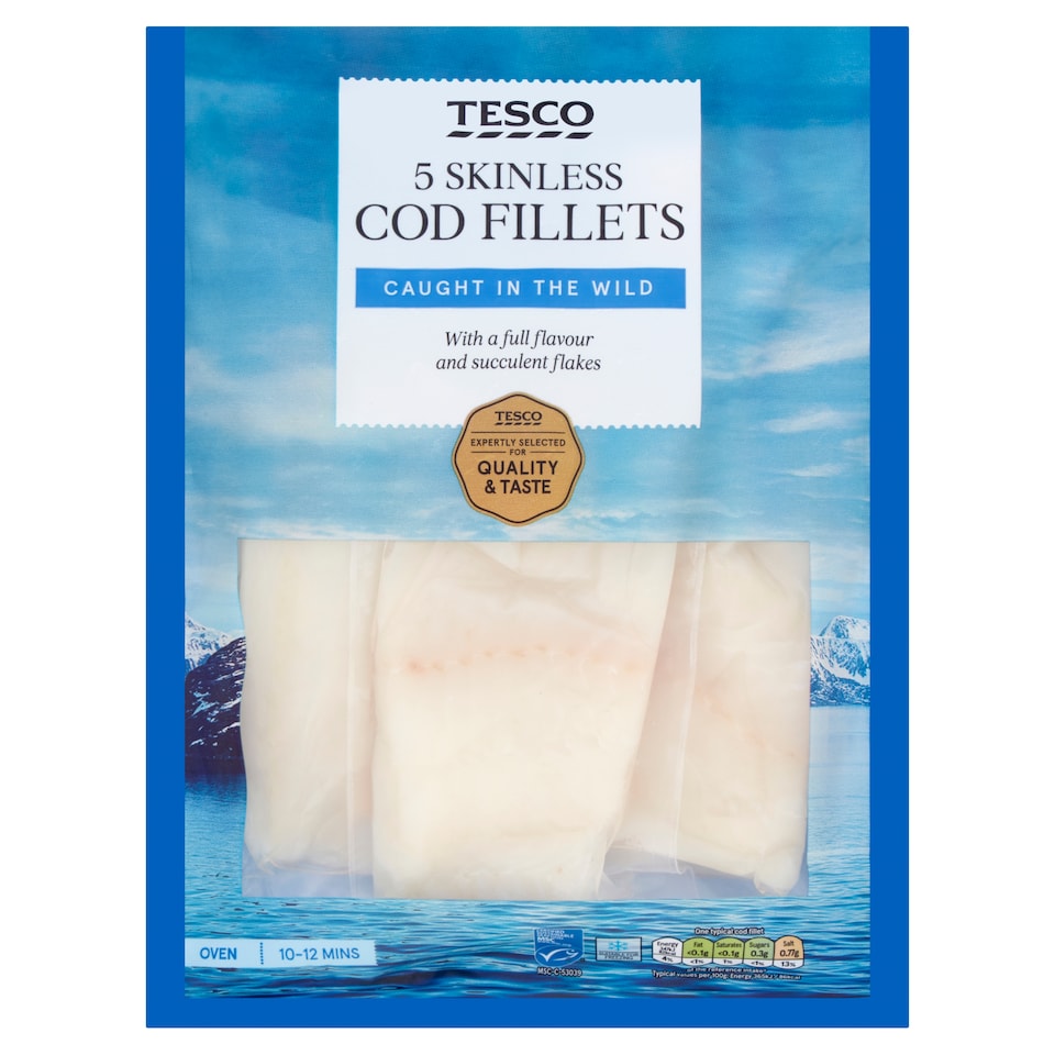 Tesco 5 Skinless Cod Fillets 600G