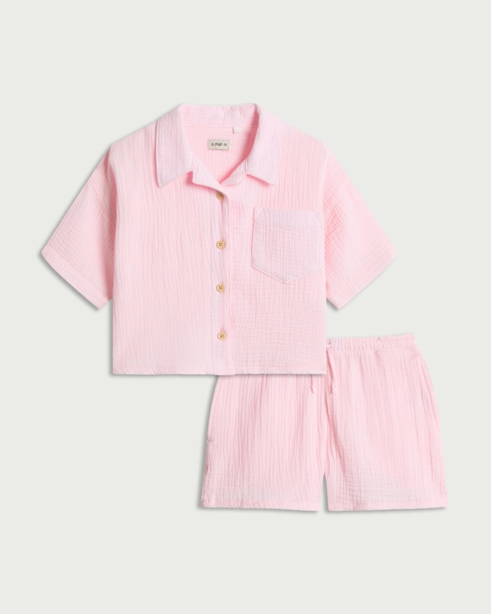 image 1 of F&F Girls 2-Piece Pure Cotton Textured Shirt and Shorts Set in Pink