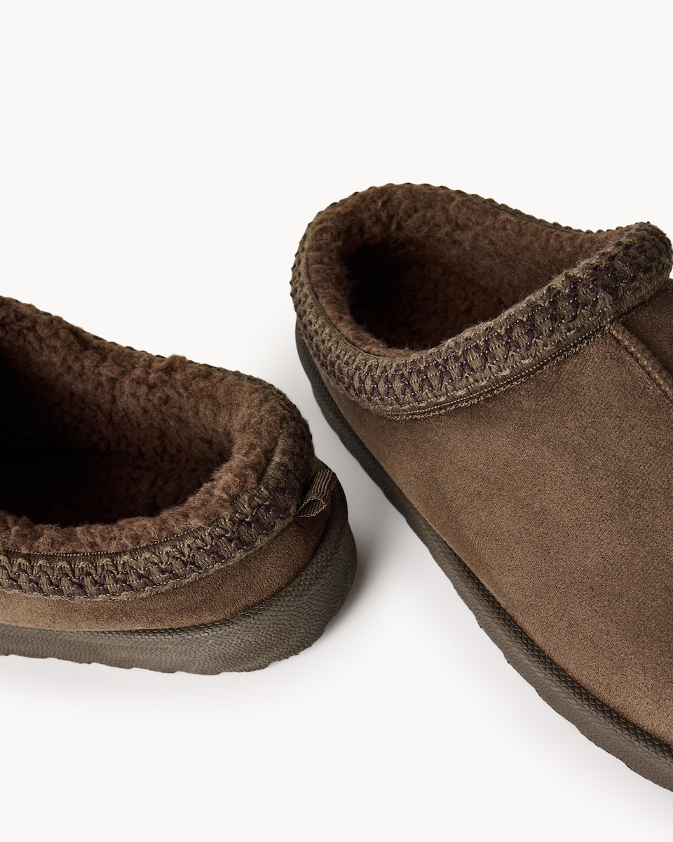 image 1 of F&F Faux Fur Lined Braided Mule Slippers in Chocolate