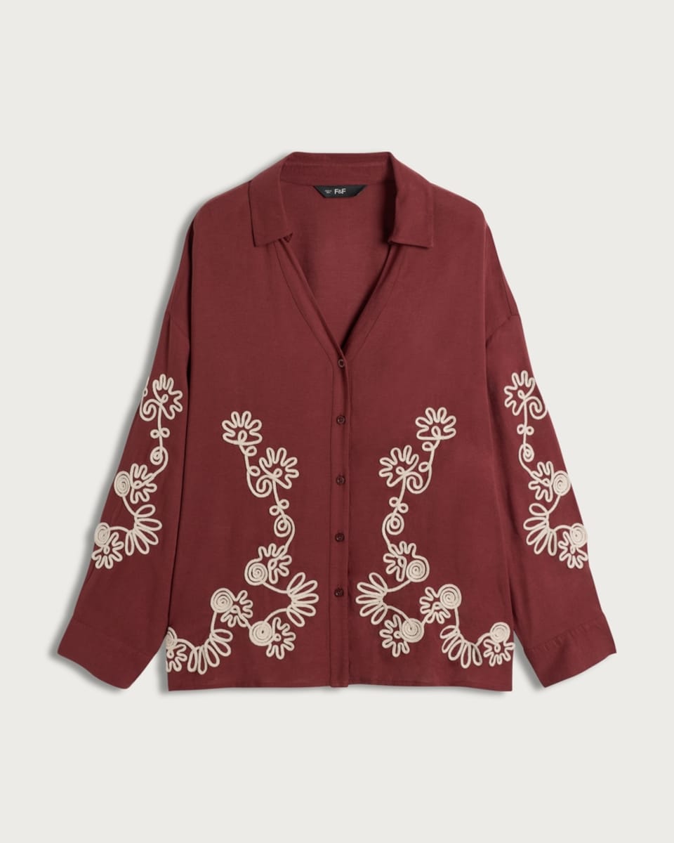 image 1 of The F&F Edit Embroidered Button Up Co-ord Shirt in Burgundy