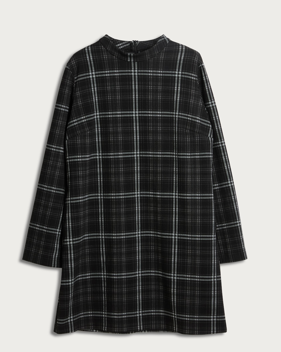 image 1 of F&F Check Print Long Sleeved Shift Dress in Multi Black White