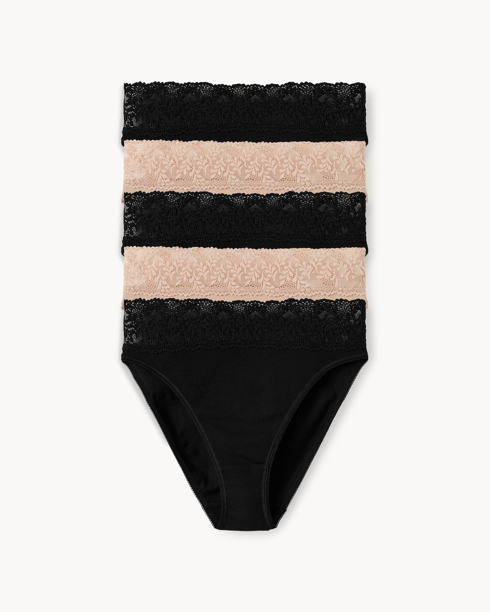 image 1 of F&F 5-Pack Cotton Rich Lace Trim High Leg Knickers in Multi