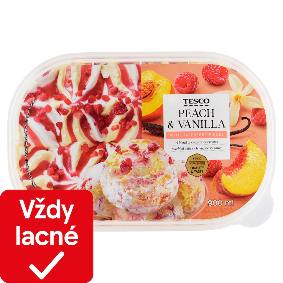 Tesco Mrazený krém broskyňový a mrazený krém s extraktom bourbon vanilky s kúskami malín 900 ml