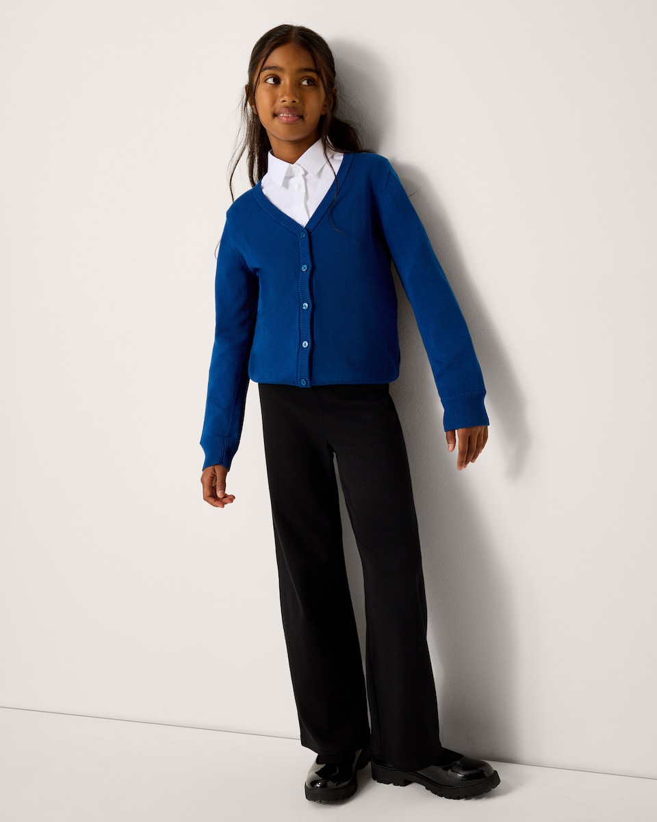 image 1 of F&F Girls School Cotton Rich Wide Leg Trousers in Black