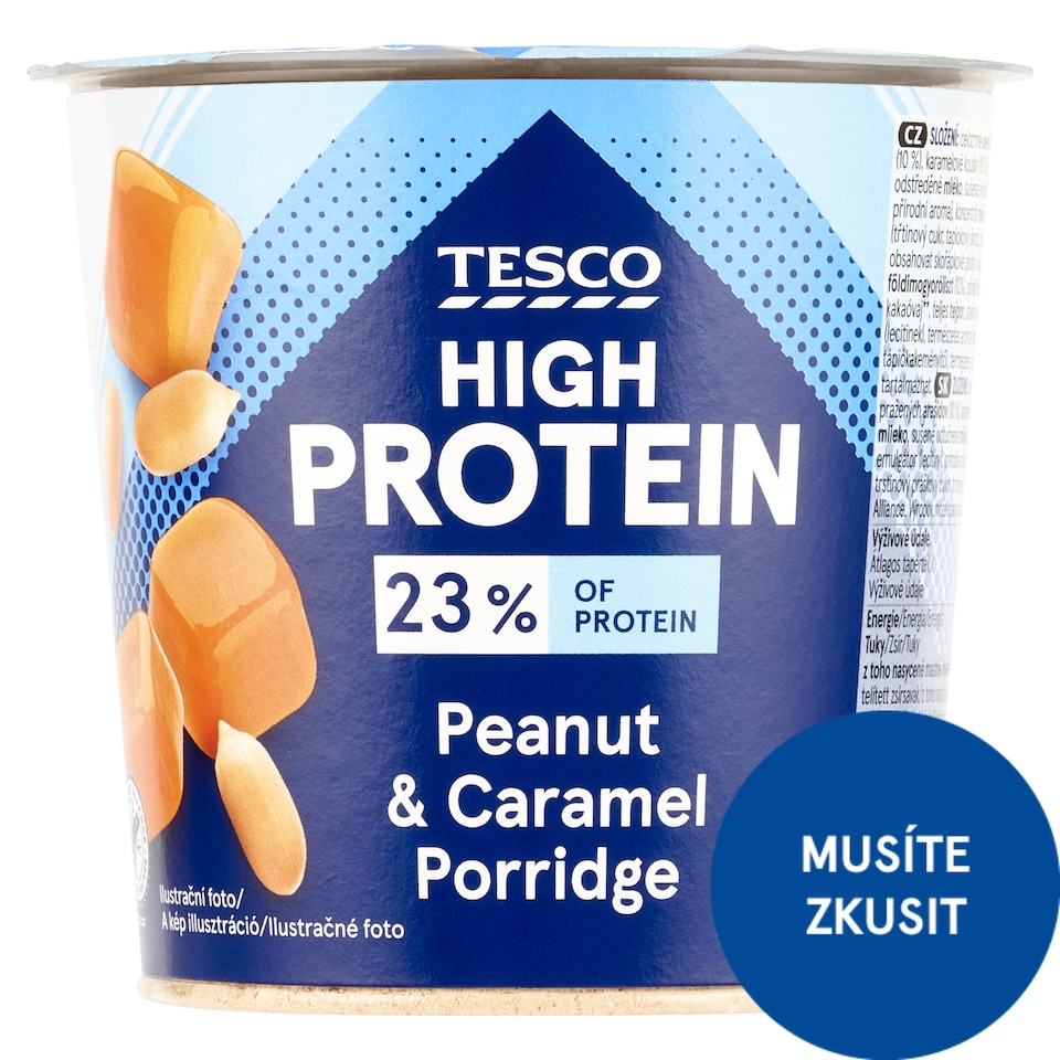 Tesco High Protein instantní arašídová ovesná kaše s kousky pražených arašídů 65g