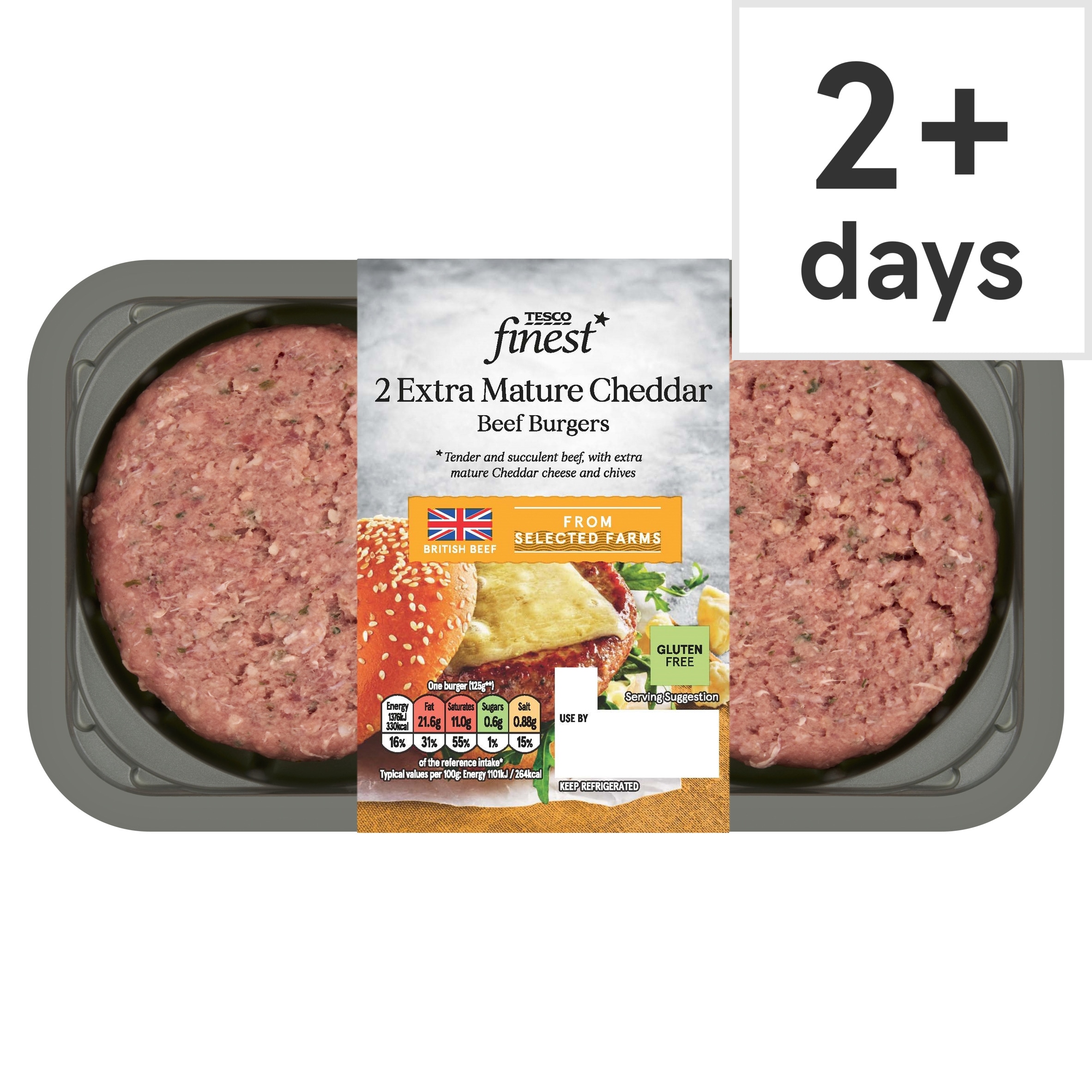 Tesco Finest Extra Mature Cheddar 2 Beef Burgers 340g