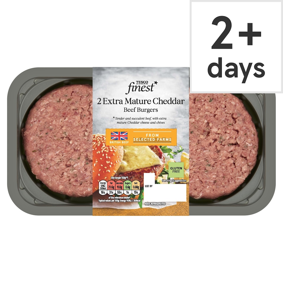 Tesco Finest Extra Mature Cheddar 2 Beef Burgers 340g
