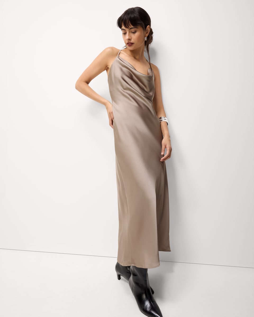 image 1 of F&F Satin Cowl Neck Midi Dress in Mink