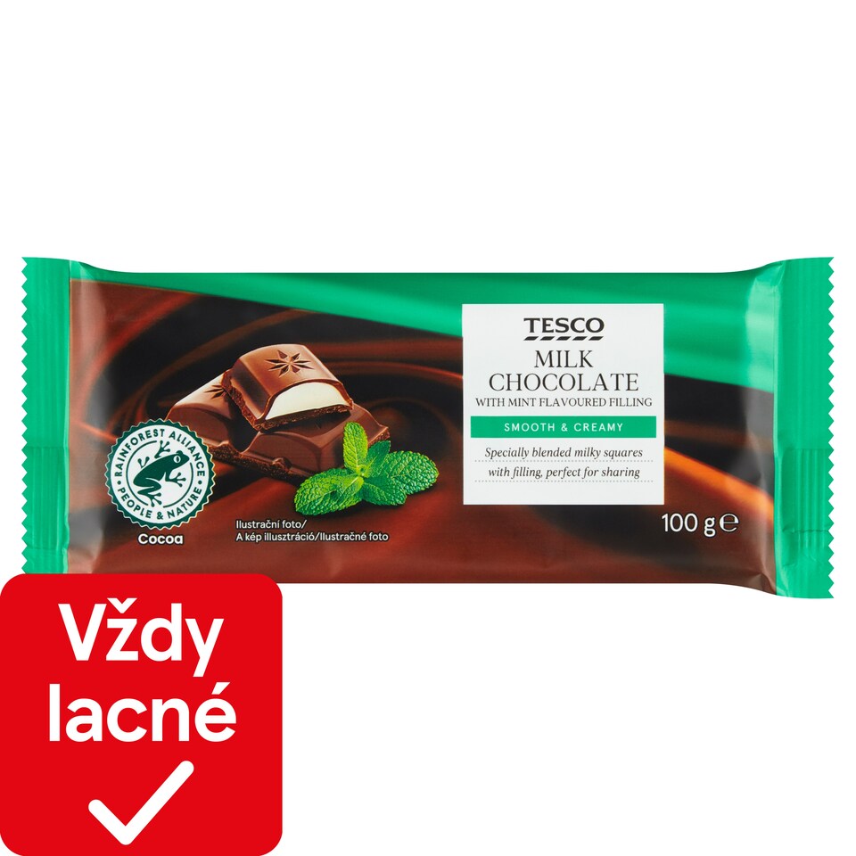 Tesco Mliečna čokoláda s náplňou s mätovou príchuťou 100 g