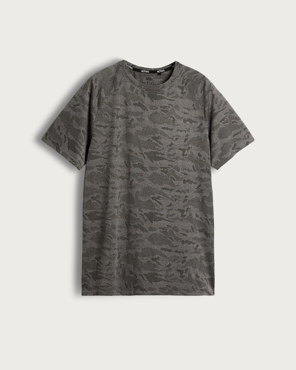 image 1 of F&F Active Camouflage Print Short Sleeved Running T-Shirt in Grey