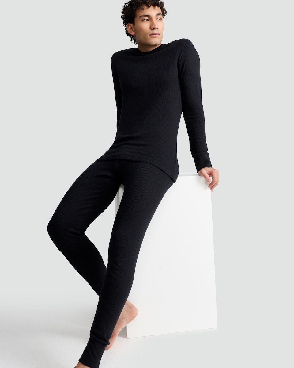 image 1 of F&F WARMPLUS™ Medium Warmth Ribbed Thermal Long Johns in Black