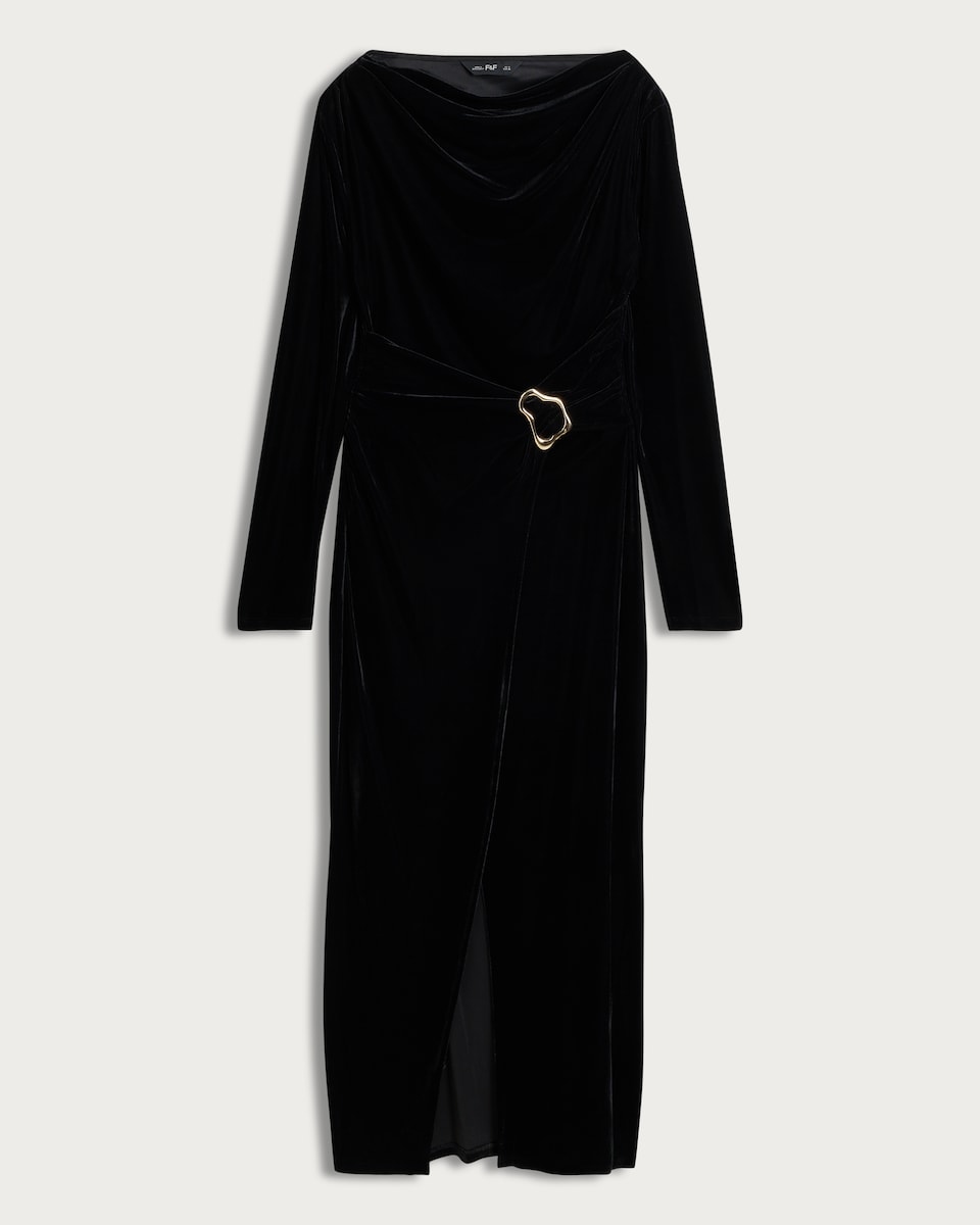 F&F Draped Velvet Dress with Gold Buckle in Black