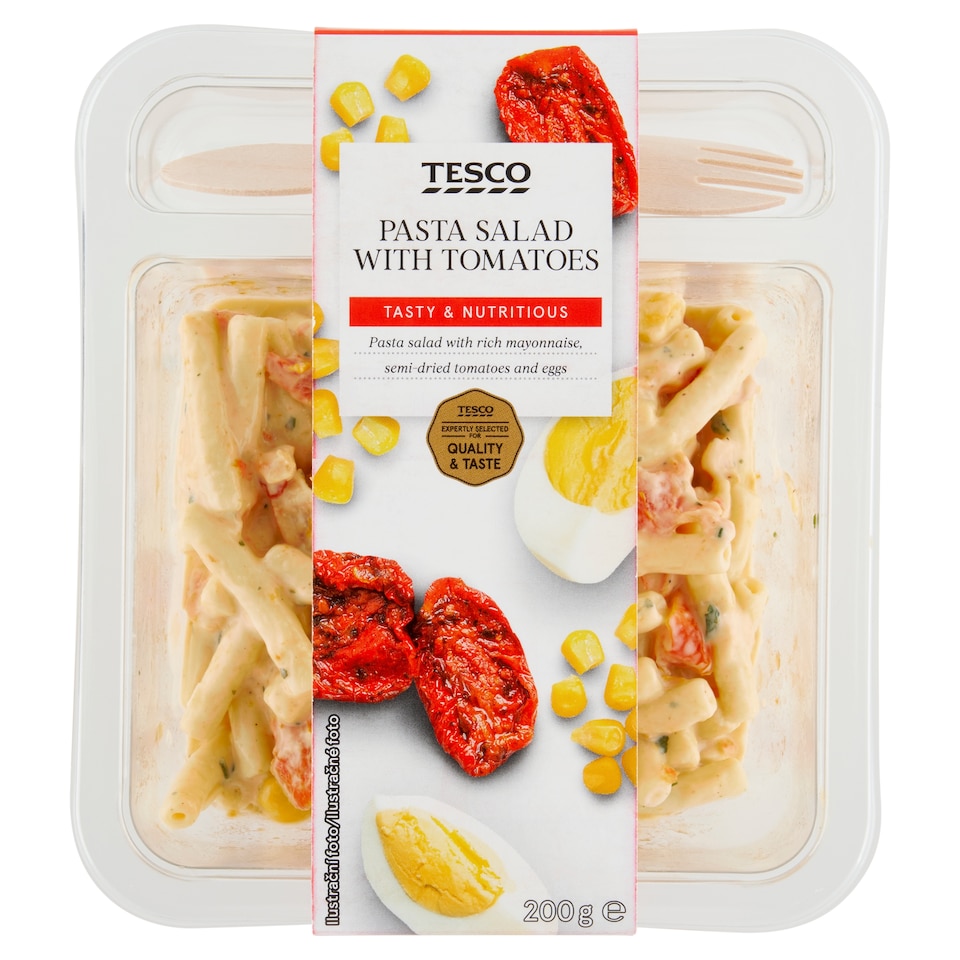 Tesco Vařené těstoviny z tvrdé pšenice s majonézovou omáčkou, polosušenými rajčaty a vejci 200g