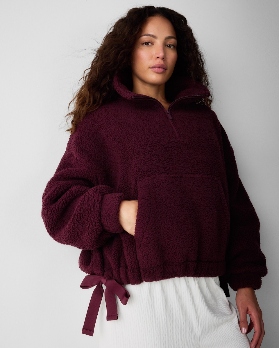 image 1 of F&F Fleece Half Zip Pyjama Top in Burgundy