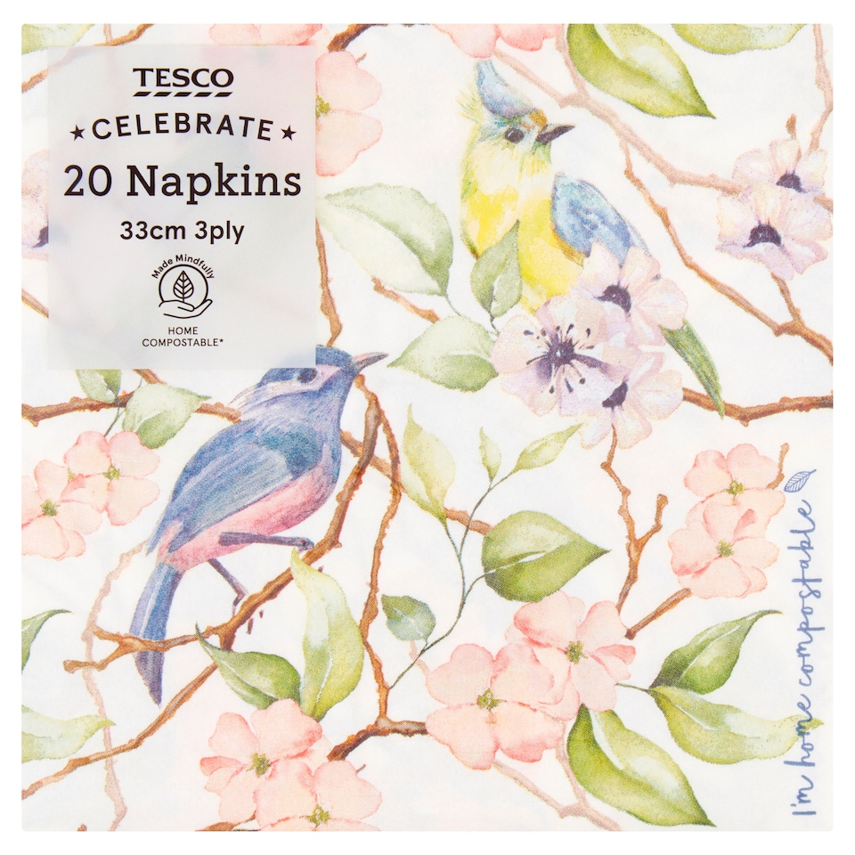 Tesco Bird Napkin 33Cm 3Ply 20 Pack