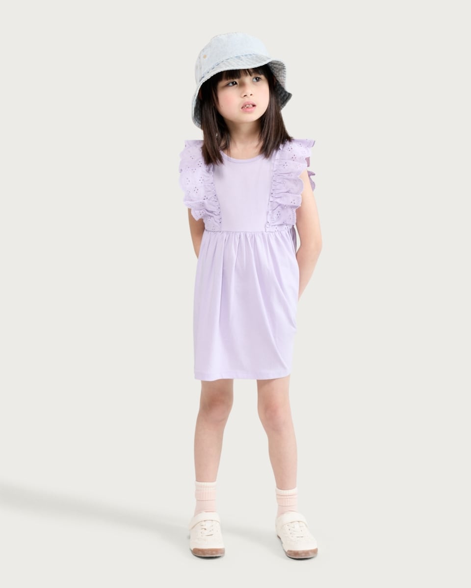 image 1 of F&F Girls Pure Cotton Broderie Frill Dress in Lilac