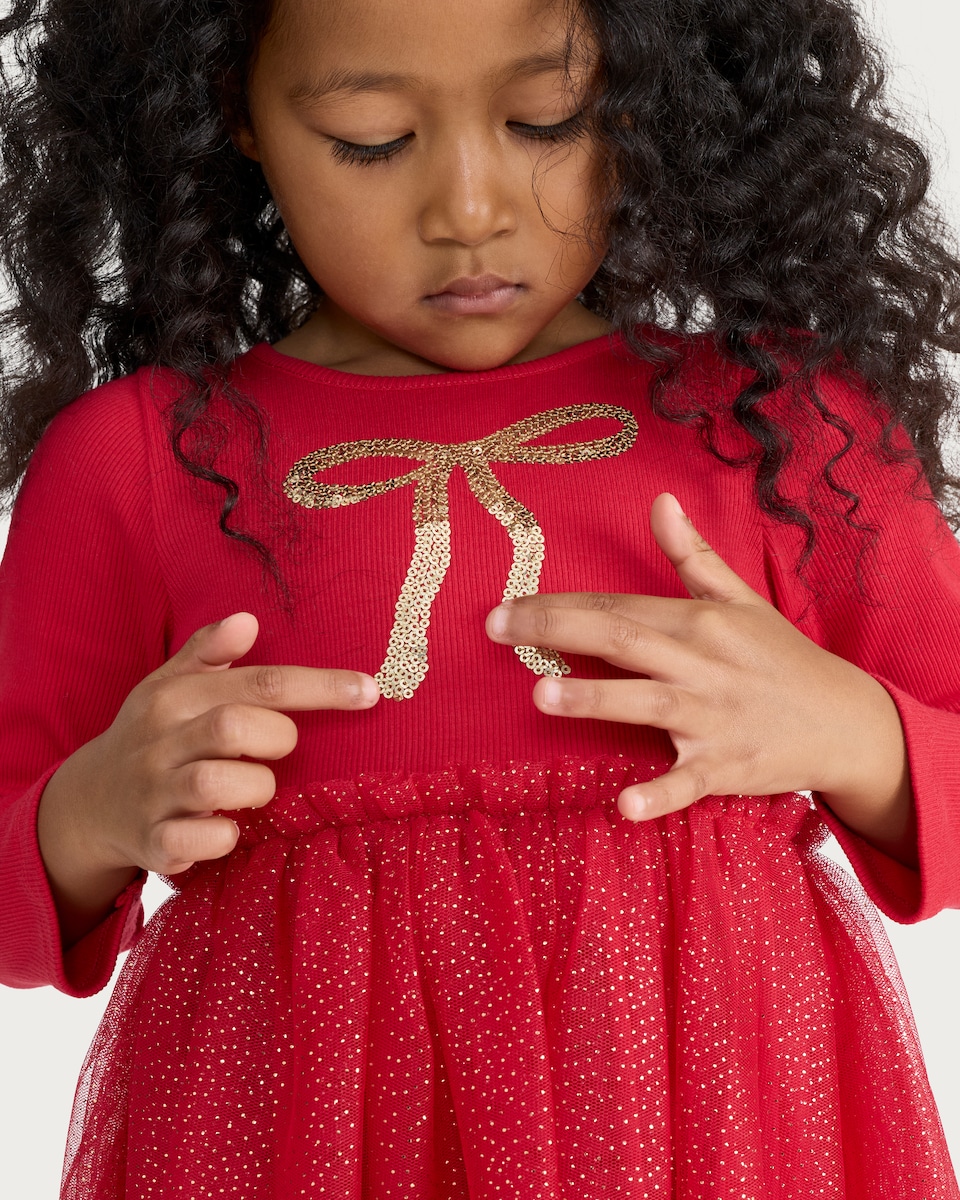 image 1 of F&F Girls Cotton Rich Sequin Bow Tulle Skirt Dress in Red